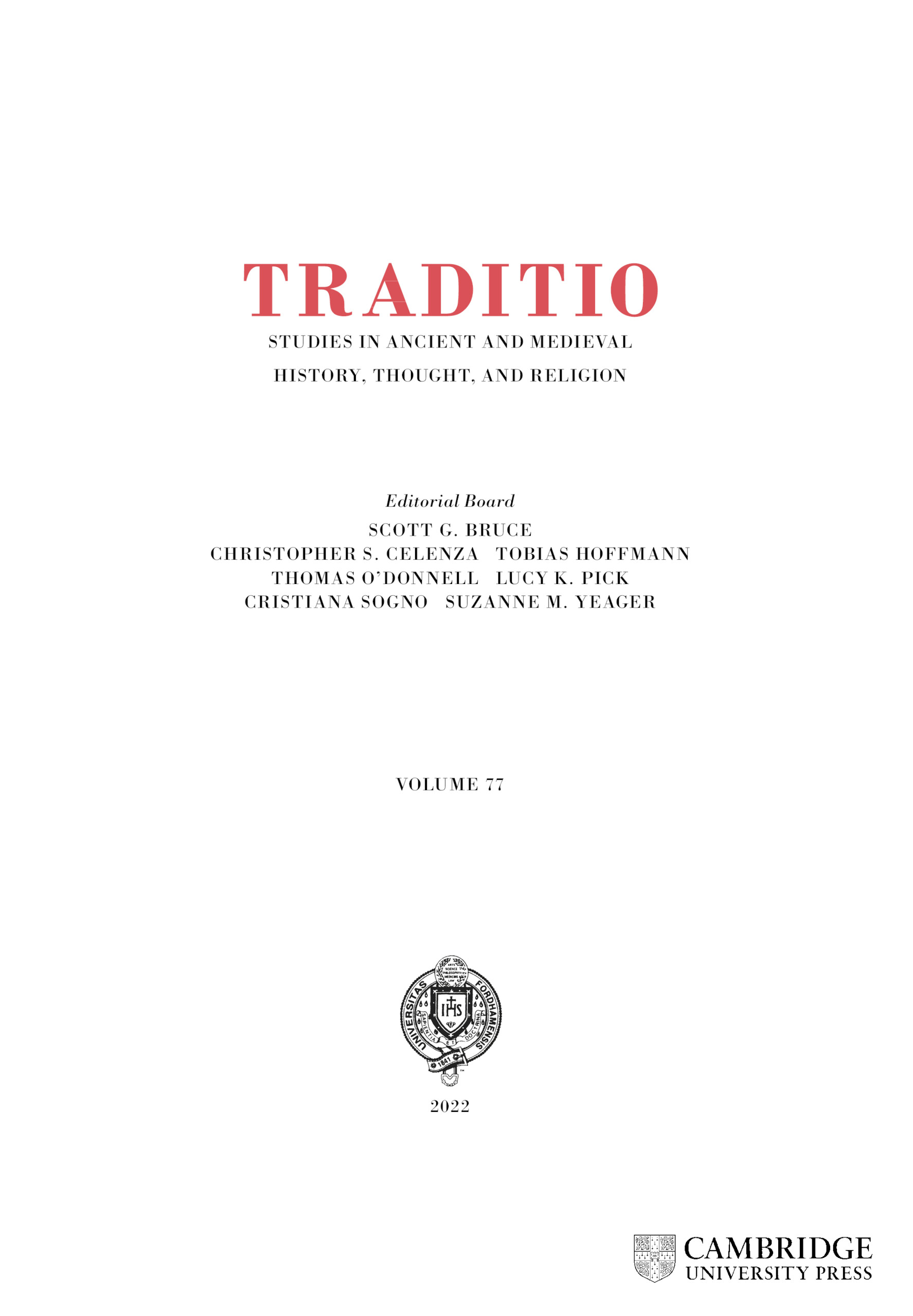 Traditio studies in ancient and medieval history, thought, and religion.